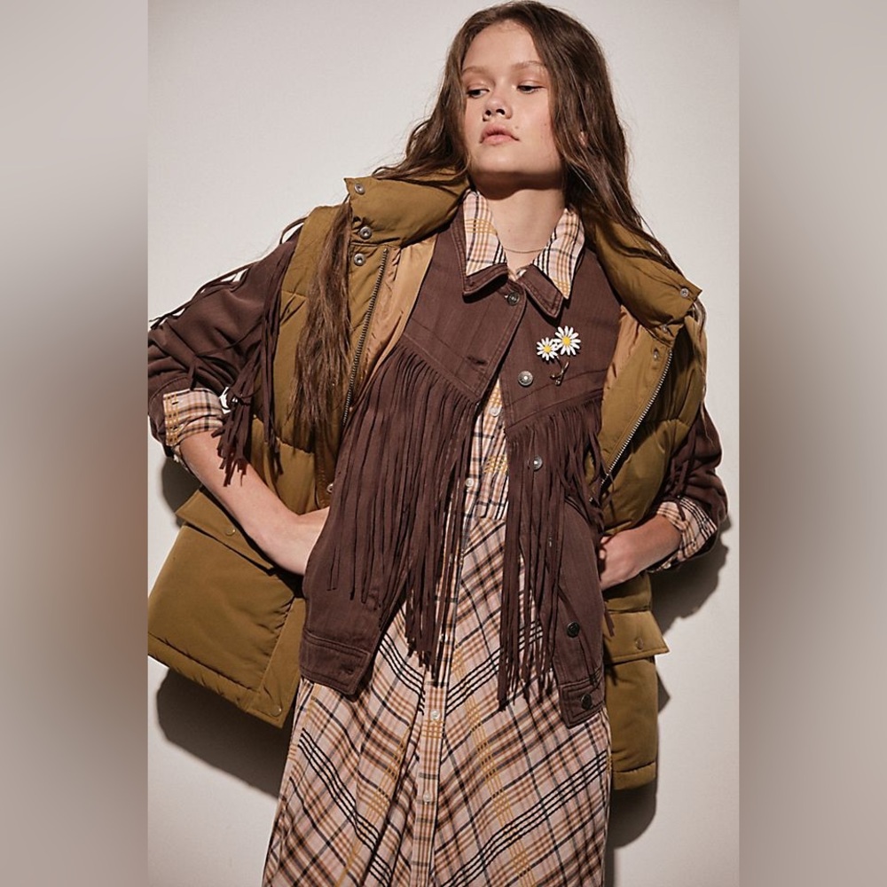 NEW! Free People After Hours Fringe Western Denim Jacket Brown Size S $128
